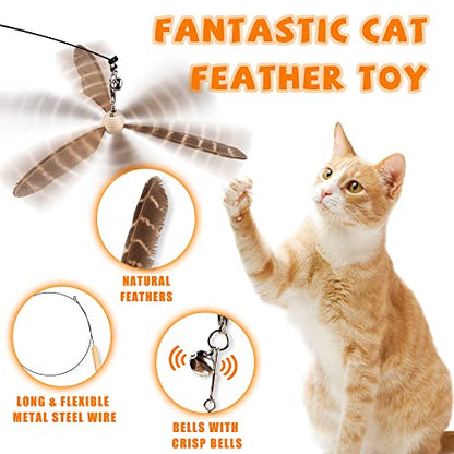 JXFUKAL Cat Wand Toys, Interactive Cat Toys with 3 Feather Refills, 29'' Flexible Steel Wire, Sturdy Wood Handle & Bell for Kitty Kitten, Cat Toys for Indoor Cats Teaser Cat String Toy - color: Set A