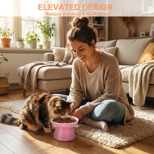Raised Cat Food Bowl – Ceramic Elevated Cat Bowl for Whisker & Neck Fatigue,Non-Slip & Anti Vomiting Pet Feeder for Kittens to Adult Cats and Small Dogs,Dishwasher Safe(Pink) - color: Pink
