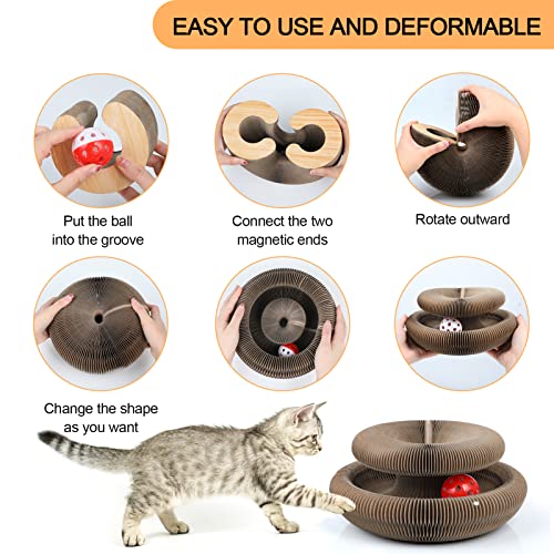 Magic Organ Cat Scratching Board, Interactive Scratch Pad with a Ball, Cat Scratcher for Grinding Claw, Recyclable and Durable, Furniture Protector, Retractable, Brown, Reversible - color: Ball Wood