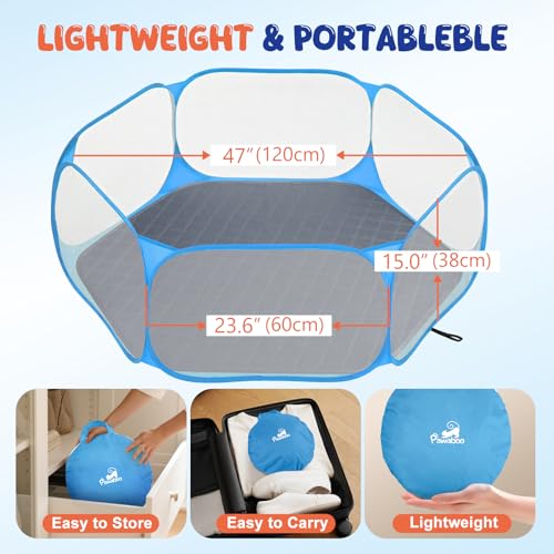 Pawaboo Small Animals Playpen with Pad, Waterproof Small Pet Cage Tent with Reusable Pad, Portable Outdoor Yard Fence for Chick/Kitten/Puppy/Guinea Pig/Rabbits/Chinchillas, Blue+Gray - color: Blue+Gray