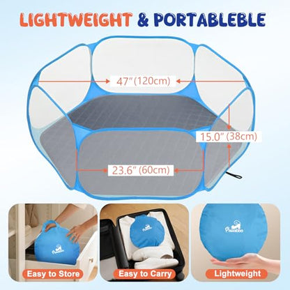 Pawaboo Small Animals Playpen with Pad, Waterproof Small Pet Cage Tent with Reusable Pad, Portable Outdoor Yard Fence for Chick/Kitten/Puppy/Guinea Pig/Rabbits/Chinchillas, Blue+Gray - color: Blue+Gray