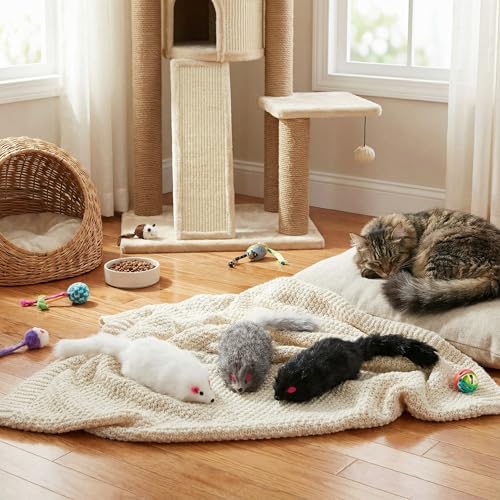 12 Pcs Large Rabbit Fur Mouse Cat Toy, Interactive Mice Kitten Toys, Realistic Fake Furry Mouse for Kittens and Cats Indoor Playing