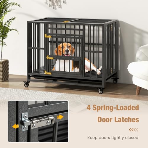 PETSITE 37 Inches Foldable Metal Dog Crate, Heavy Duty Dog Cage with 3 Lockable Doors, Removable Tray, 4 Lockable Universal Wheels, Indoor or Outdoor Dog Kennel for Small Medium Sized Dogs