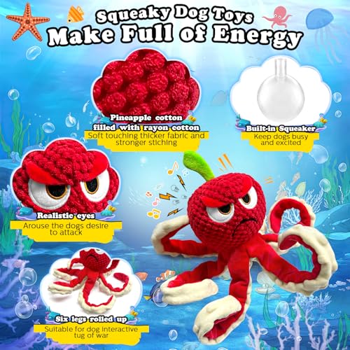 Jeefome Squeaky Dog Toys Octopus -Plush Stuffed Dog Chew Toys with Soft Fabric for Small Medium and Large Dogs,Interactive Tug of War Puppy Toys to Keep Them Busy - style: Apple Octopus