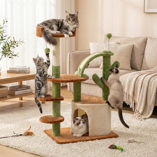 Cactus Cat Tree for Indoor Cats, 36.6" Small Cat Tower with Sisal Scratching Posts, Stable Cat Condo with Perches and Climbing Steps, Brown - color: Brown-1