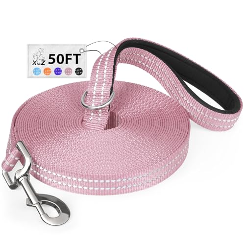Long Dog Leash XiaZ Training Leashes 10/15/20/30/50/100ft Long Lead for Dogs 50ft Training Leash for Outside Pink 50 Foot Nylon Padded Handle Reflective Hiking Yard - color: B-Pink, size: 50 Feet