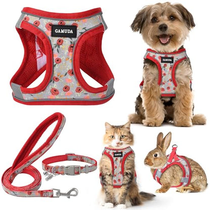 Small Dog Harness Collar and Leash Set, Step in No Chock No Pull Soft Mesh Adjustable Dog Vest Harnesses Plaid Reflective for Dogs Puppy Cats Kitten Rabbit (Red Flower, XXS) - color: Red Flower, size: XXS