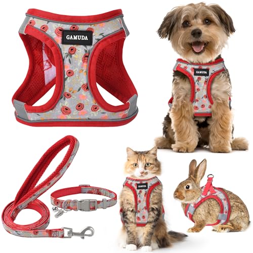 Small Dog Harness Collar and Leash Set, Step in No Chock No Pull Soft Mesh Adjustable Dog Vest Harnesses Plaid Reflective for Dogs Puppy Cats Kitten Rabbit (Red Flower, XS) - color: Red Flower, size: XS