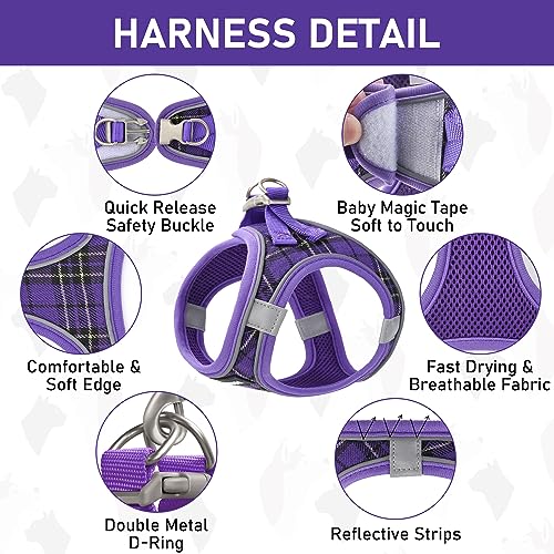 Small Dog Harness Collar and Leash Set, Step in No Chock No Pull Soft Mesh Adjustable Dog Vest Harnesses Plaid Reflective for Dogs Puppy Cats Kitten Rabbit (Purple, XS) - color: Purple, size: XS