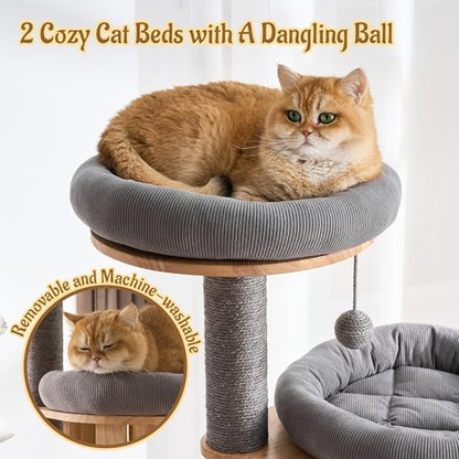 Modern Cat Tree Tower with Scratching Post, 61.5in Tall Cat Tree for Indoor Cats, Multi-Level Solid Wood Cat Furniture with Ladder, Cozy Cat Beds, Cat Condo, Capsule Nest, Dangling Toy, Gray - color: 61.5"Gray