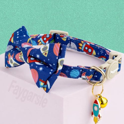 Faygarsle 2 Pack Space Theme Cat Collar Set with Bandana and Bow Tie, Breakaway Safety Buckle, Navy Blue with Rockets - color: Blue Space