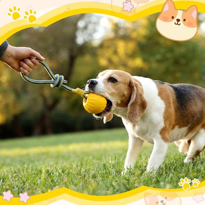 Hsei 2 Pcs Large Dog Ball on a Rope Rubber Dog Toy with Handle Ball Yellow Floats in Water for Tug Training Rewards Interactive Pet Fetch Catch Throw Outdoor Puppy Teething Medium Pet - size: Large