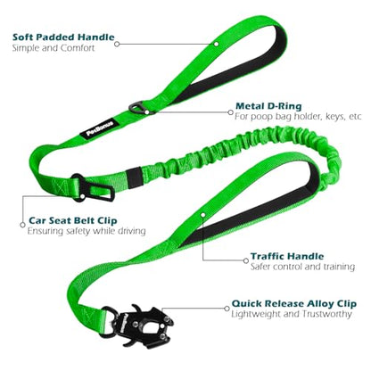 Heavy Duty Tactical Dog Leash, 5 FT Bungee Shock Absorption Leash with 2 Padded Handles, Quick Release Metal Clip, Car Seatbelt, No Pull Training Lead for Large Medium Dogs（Grass Green） - color: Grass Green