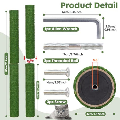 PowerKing Natural Sisal Replacement Scratching Post, 15.7'' 2 Pieces M8 Cat Scratch Post Refill Pole Parts for Refurbishment, Include Screws (Green) - color: Green, size: 15.7''+15.7'' (2.67''Thick)