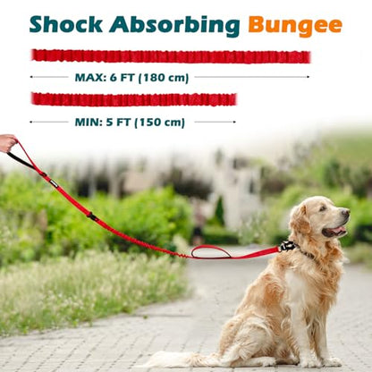 Heavy Duty Tactical Dog Leash, 5 FT Bungee Shock Absorption Leash with 2 Padded Handles, Quick Release Metal Clip, Car Seatbelt, No Pull Training Lead for Large Medium Dogs（Red） - color: Red