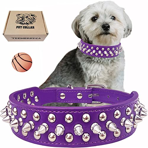 TEEMERRYCA Adjustable PU Leather Spiked Studded Dog Collars with a Squeak Ball Gift for Small Medium Large Pets Like Cats/Pit Bull/Bulldog/Pugs/Husky, Purple, XS 8.3"-10.6" - color: PURPLE, size: Xs: 8.3"-10.6"(for Puppy)