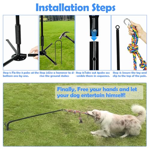 Tether Outdoor Dog Toy,Interactive Exercise Game in Yard Park Tug of War for Large Medium Small Dog Puppy with 2 Rope Toy and Bell Pull Chase and Solo Play