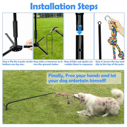Tether Outdoor Dog Toy,Interactive Exercise Game in Yard Park Tug of War for Large Medium Small Dog Puppy with 2 Rope Toy and Bell Pull Chase and Solo Play