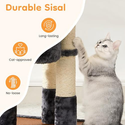 Multi-Level Cat Tower with Scratching Posts, Cat Tree with Double Cat Bed & Hanging Toys, Cute Climbing Tower with Sisal Scratcher for Kittens & Adult Cats, Grey - color: Grey