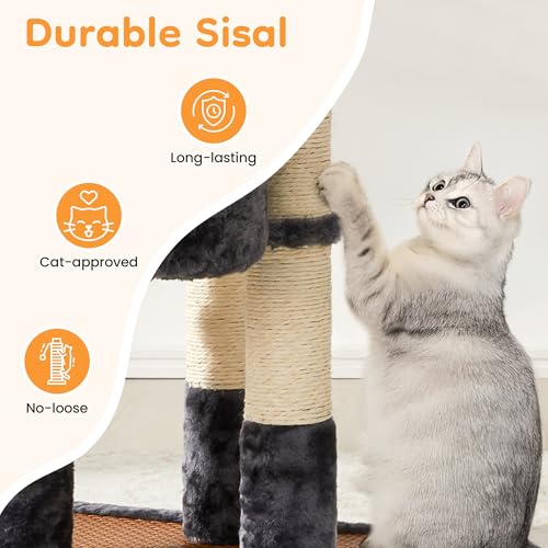Multi-Level Cat Tower with Scratching Posts, Cat Tree with Double Cat Bed & Hanging Toys, Cute Climbing Tower with Sisal Scratcher for Kittens & Adult Cats, Grey - color: Grey