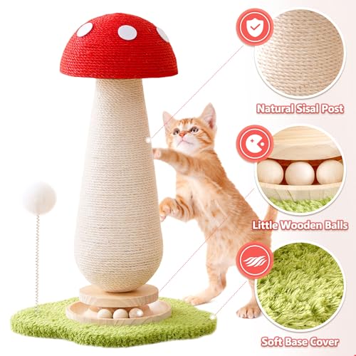 Mushroom Cat Scratching Post Cat Tree, 21.5‘’ H Cute Cat Scratcher Tower with Durable Solid Wood Turntable Toy, Mushroom Scratch Post Cat Sisal Scratcher with Catnip for Indoor Adult Cats - color: Mushroom