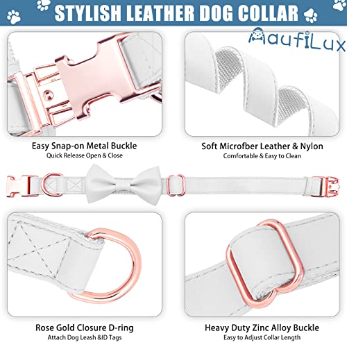Soft Leather Bowtie Dog Collar - Adjustable Cute Bow Tie Collar [Easy to Clean] with Stylish Rose Gold Heavy Duty Metal Buckle for Small Medium Large Dogs White M - color: White, size: M(13.8"-19.7")