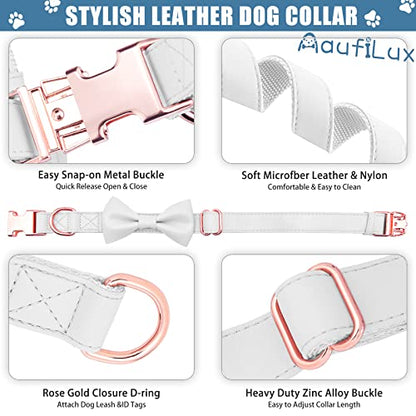 Soft Leather Bowtie Dog Collar - Adjustable Cute Bow Tie Collar [Easy to Clean] with Stylish Rose Gold Heavy Duty Metal Buckle for Small Medium Large Dogs White M - color: White, size: M(13.8"-19.7")