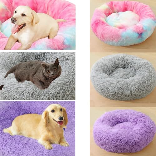Large Calming Dog Bed, 40 Inch Anti-Anxiety Donut Dog Cuddler Cat Bed, Warming Cozy Soft Dogs Round Bed, Fluffy Faux Fur Machine Washable Pet Cushion for Medium Large Dogs & Cats (Bright Pink) - color: Bright Pink, size: 40.0"L x 40.0"W x 8.0"Th /Round 10