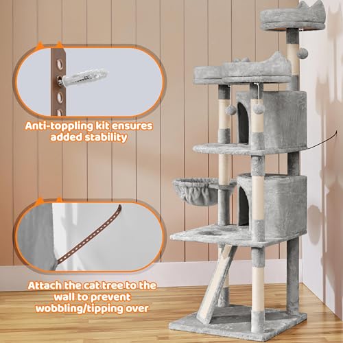 Yaheetech | 68.5in Cat Tree | for Large Cats | Multi-Level Cat Tower with 3 Wide Perches, Large Condo | Stable Pet Play House w/Sisal-Covered Scratching Posts & Board | Light Gray - color: Light Gray, size: 68.5in