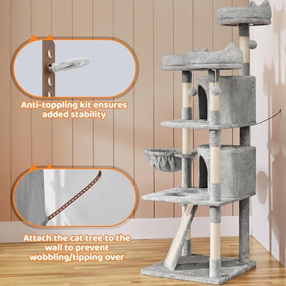 Yaheetech | 68.5in Cat Tree | for Large Cats | Multi-Level Cat Tower with 3 Wide Perches, Large Condo | Stable Pet Play House w/Sisal-Covered Scratching Posts & Board | Light Gray - color: Light Gray, size: 68.5in