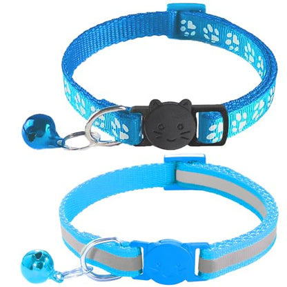 2 Pack Breakaway Cat Collars with Bells, Reflective Design and Claw Print Design, Safety Buckle Kitten Collars Adjustable from 7.5 to 12.5 Inches (Sky Blue) - color: Sky Blue