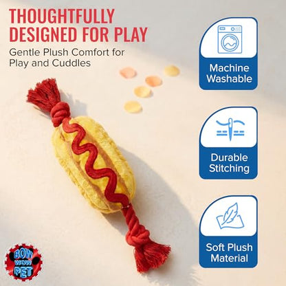 Bow Wow - Hot Dog Squeaky Plush Dog & Cat Toy with Crinkle Sound | Soft Chew Interactive Pet Toy | Small to Medium Dogs & Cats | Food Shape Plush Toy for Tug, Toss & Fetch | Canvas & Plush - color: Hot Dog