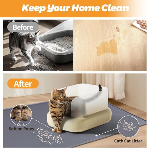 Kalolary Cat Litter Mats, 51" x 25.6" Extra Large Silicone Cat Mat for Litter Box, Easy to Clean Kitty Litter Trapping Mat, Soft on Kitty Paws, Waterproof, Urine-Proof Kitty Litter Mats for Floor,Grey - color: Grey: 130x65cm