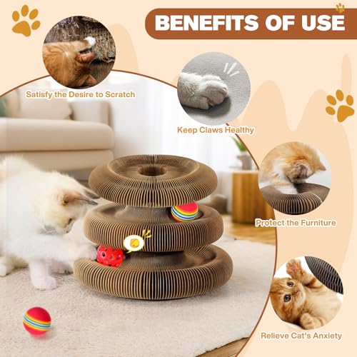 2 PCS Magic Organ Cat Scratcher Board with 6 Balls, Foldable Recyclable Accordion Cats Toy with Ball and Track Adventure, Cat Scratching Pad, Retractable Reversible Furniture Protector(Brown)
