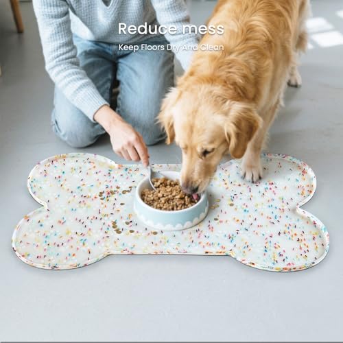 PWTAA Dog Food Mat Anti-Slip Silicone Dog Bowl Mat Thicker Pet Placemat Waterproof Cat Feeder Pad with Raised Edge Puppy Kitten Feeding Mats Suitable Small Medium-Sized Dogs Cats Eating Tray - color: Donut White, size: 25.6" x 13"