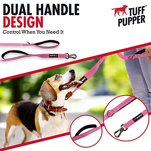 Tuff Pupper Heavy Duty Double Handle Leash | Twist Locking Carabiner Clip | Safety Lock for Strong Dogs | Reflective for Safe Night Walks | 6 Foot Leash for Medium & Large Dogs - color: Hot Pink