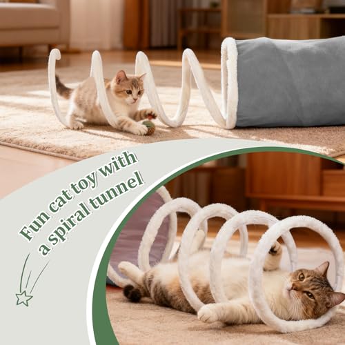 Ownpets 2-in-1 Cat Tunnel, Large Lollipop Shape Cat Tunnel Toy with Fluffy Balls, Spiral Toy, Plush Collapsible Cat Cave Hideout Donut Tunnel for Multi Kitten Puppy Rabbit (Grey) - color: Grey