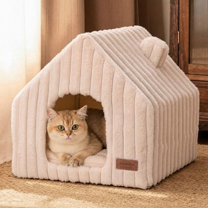 FUKUMARU Cat Houses for Indoor Cats, Washable Cute Cat Bed Cave with Removable Pillow, Large Semi-Enclosed Cozy Dog House Indoor, Soft Faux Rabbit Fur Kitten Bed, 17.5-Inch Cat Hideaway, Pink Grey - color: Pink Grey