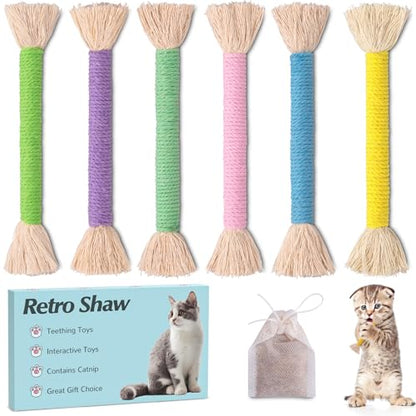 Retro Shaw Cat Toys Chew Ropes with Catnip, 6 Pack, Safe Teeth Cleaning Kitten Toys for Indoor Cats Kitty, Cat Nip Kicker Interactive Pet Toys 6.1 Inches - size: 6.1 in