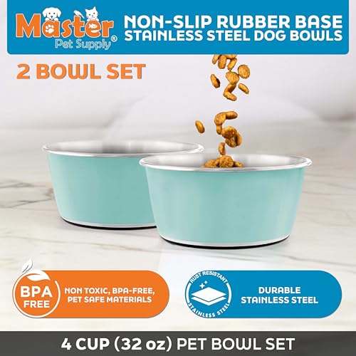 Master Pet Supply Stainless Steel Dog Bowls Set of 2 (32 Oz Each) with Non-Slip Rubber Base - Aqua Sky - Basic Dog Food Bowl Water & Food Bowls for Small Medium Large Dogs & Cats, Metal Dish - color: Aqua Sky, size: 4 Cups (32 oz) 2 Pack