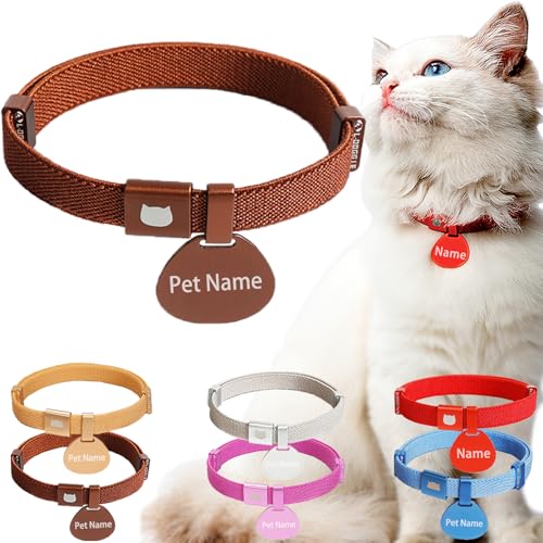 Minimalist Stretch Lightweight Custom Engraved Cat Collar with Name Tag Personalized Cat Collars for Kitten Boy & Girl Cats (Coffee Color, Collar with ID Tag) - color: Coffee Color, size: Collar With Id Tag
