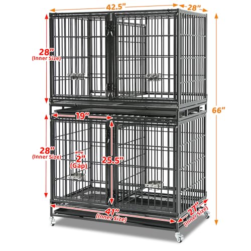 Homey Pet 43 Inch 2 Tiers Dog Crate Cage Kennel with Divider, Stackable Heavy Duty Dog Crate for Large Dogs, Escape Proof Indestructible Dog Kennel Indoor with Removable Tray, Lockable Wheels(3 Packs) - size: 43"L - 2 Tiers - 3 Pack