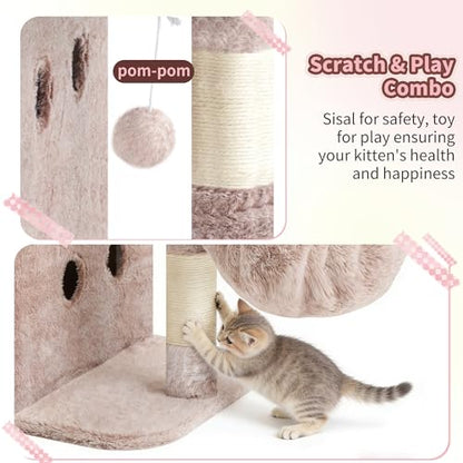 Heybly Cat Tree, 26.3-inch Cat Tower with Spacious Top Perch for Large Cats, Stair-Style Cat House Furniture with Dual-Layer Condos, Sisal Scratching Posts, Cozy Basket & Pompom, Muchroom HCT204SMU - color: Muchroom, size: 26.3 inch