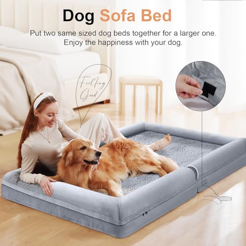 Large Dog Bed Orthopedic Washable: Jumbo Dog Bed Bolster Extra Large Dogs Egg Crate Foam Sofa Couch Waterproof Removable Cover - Grey - color: Light Grey, size: 53.0"L x 42.0"W x 6.5"Th