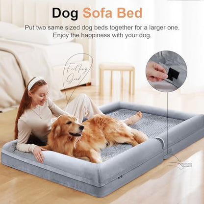 Large Dog Bed Orthopedic Washable: Jumbo Dog Bed Bolster Extra Large Dogs Egg Crate Foam Sofa Couch Waterproof Removable Cover - Grey - color: Light Grey, size: 53.0"L x 42.0"W x 6.5"Th