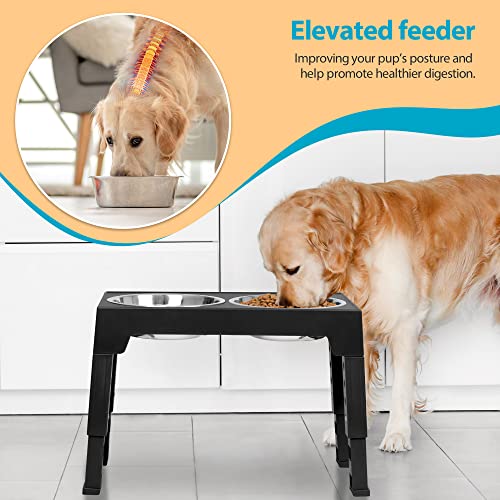 Niubya Elevated Dog Bowls with 2 Stainless Steel Dog Food Bowls, Raised Dog Bowl Adjusts to 5 Heights (3.15", 8.66", 9.84",11.02", 12.2") for Small Medium and Large Dogs - color: Black