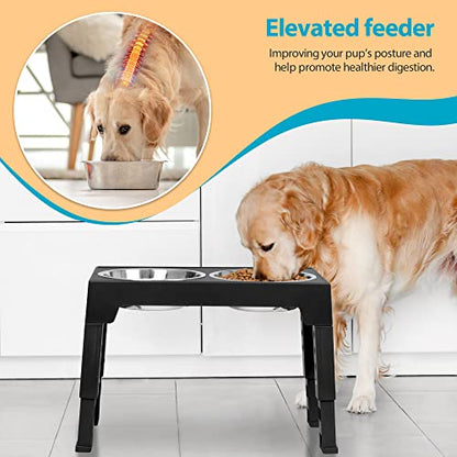 Niubya Elevated Dog Bowls with 2 Stainless Steel Dog Food Bowls, Raised Dog Bowl Adjusts to 5 Heights (3.15", 8.66", 9.84",11.02", 12.2") for Small Medium and Large Dogs - color: Black