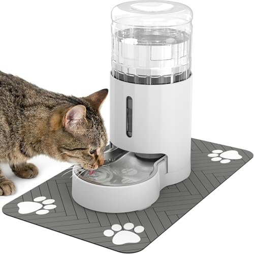 JUNSPOW Cat Water Dispenser with Placemat and Stainless Steel Bowl, Automatic Gravity Water Dispenser for Cats or Small Medium Size Dogs, Large Capacity, Easy to Clean and Safe for Pets (4L White) - color: White, size: 4L+Mat