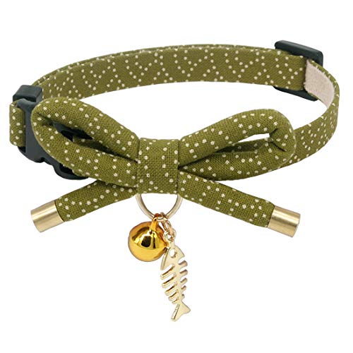 Cute Bowtie Cat Collar with Bell. Japanese Stylish Bowknot & Fish Charm. Safety Breakaway, Soft, Lightweight, for Girl Boy Male Female Cats Kitten,Green - color: Tea Green, size: Small (6-9.5 inches)