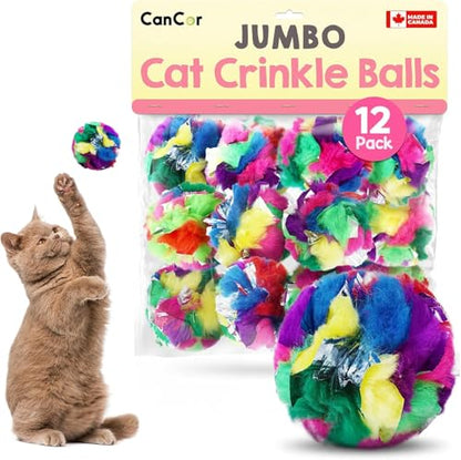 Jumbo Cat Crinkle Balls 3.5 Inch | 12 Pack | Interactive Indoor Cat Toy, Safe Lightweight Build with Durable Crinkle Material and Engaging Sound for Active or Larger Cats - style: 12 Pack